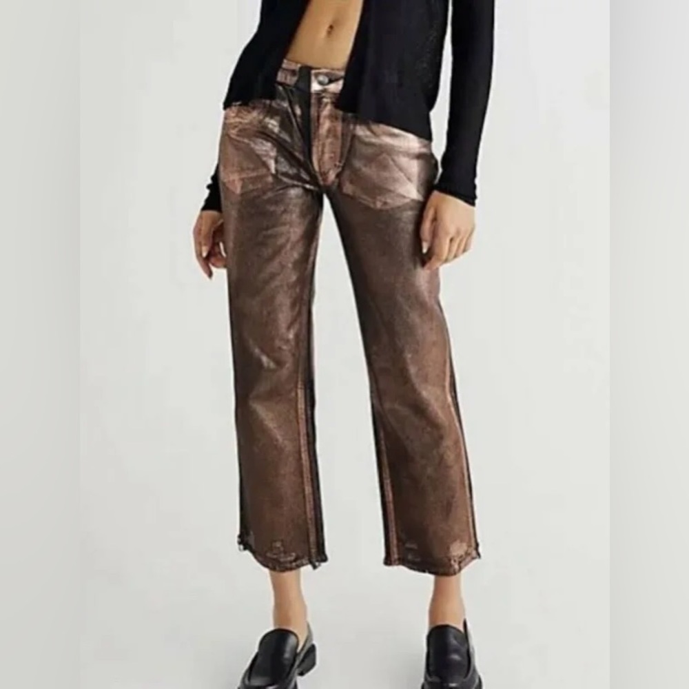 [we the free] maggie metallic foil raw hem jeans copper